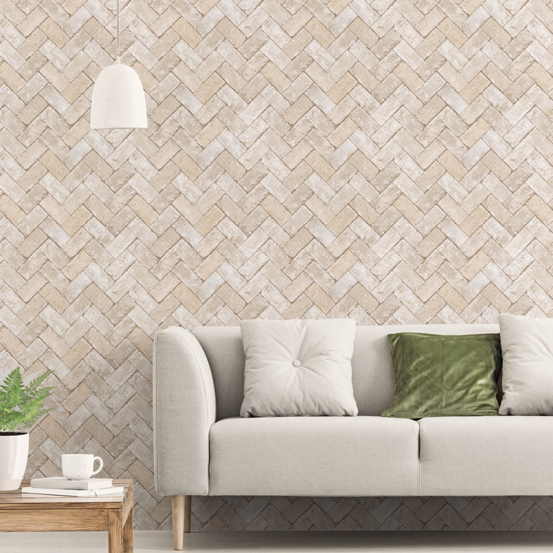 Fereol Herringbone Brick 10m X 53cm Wallpaper Roll, Beige/Grey