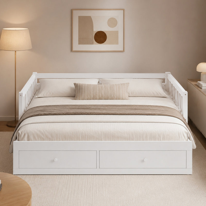 Lit de jour extensible avec lit gigogne escamotable, cadre de lit convertible en bois avec garde-corps et support à lattes, 2 tiroirs intégrés, facile à assembler, aucun sommier nécessaire