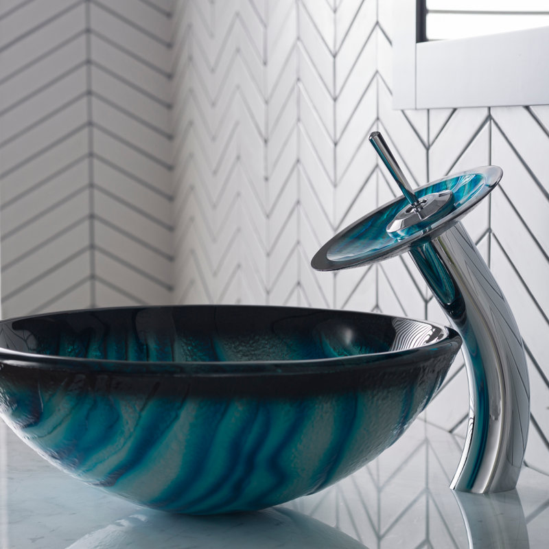 Kraus Ladon Series Glass Bathroom Vessel Sink and Waterfall Faucet Set with Pop-Up Drain, Chrome