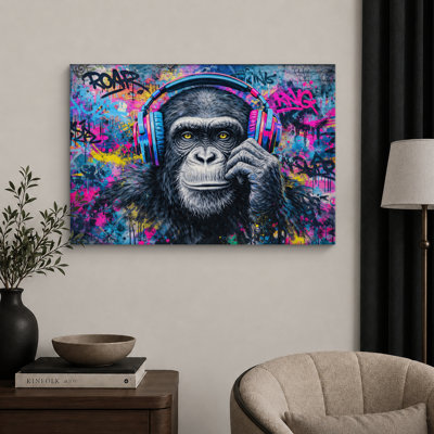 Chimpanzé, casque d'écoute, graffiti
