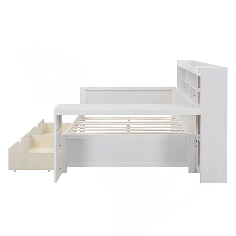 Lit en bois avec lit gigogne simple, Blanc antique, Lit double