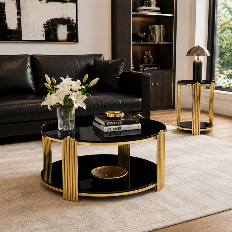 Tables basses gigognes modernes à motif cannelé, Gold
