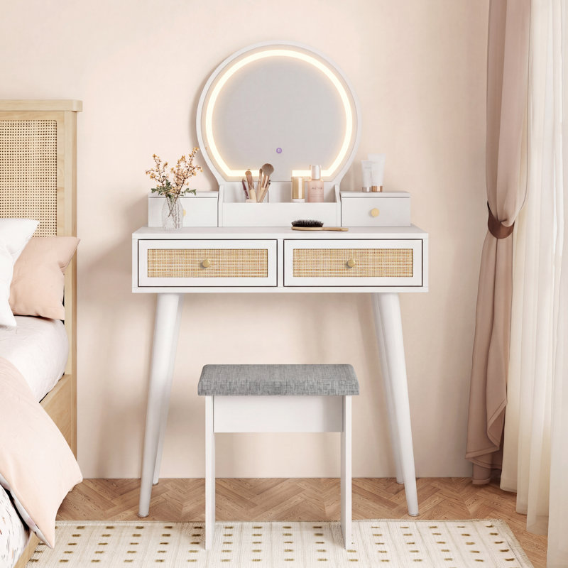 Iesa Boho Natural Rattan Vanity with LED Mirror and Stool, White