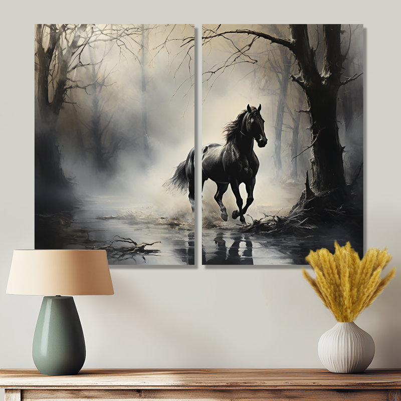 «Gray Horse Misty Morning Canter I», ensemble d'art mural moderne sur toile, Toile tendue, Ne s’applique pas