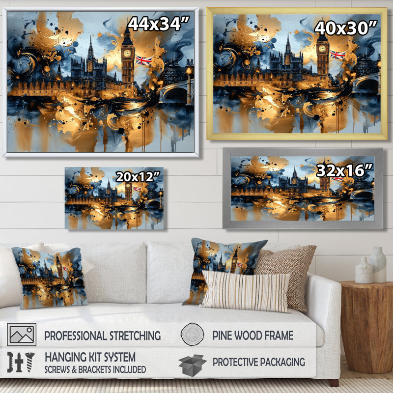 London Big Ben Glow On Gold IV - art mural de Londres, H 12 po x l 20 po, Reproduction encadrée d'une seule photo, Doré