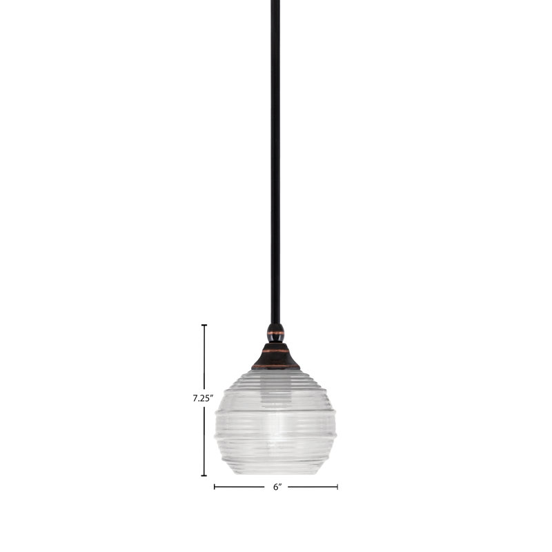 Mini-luminaire suspendu suspendu au fini cuivre noir avec verre nervuré de 6 po, Clair