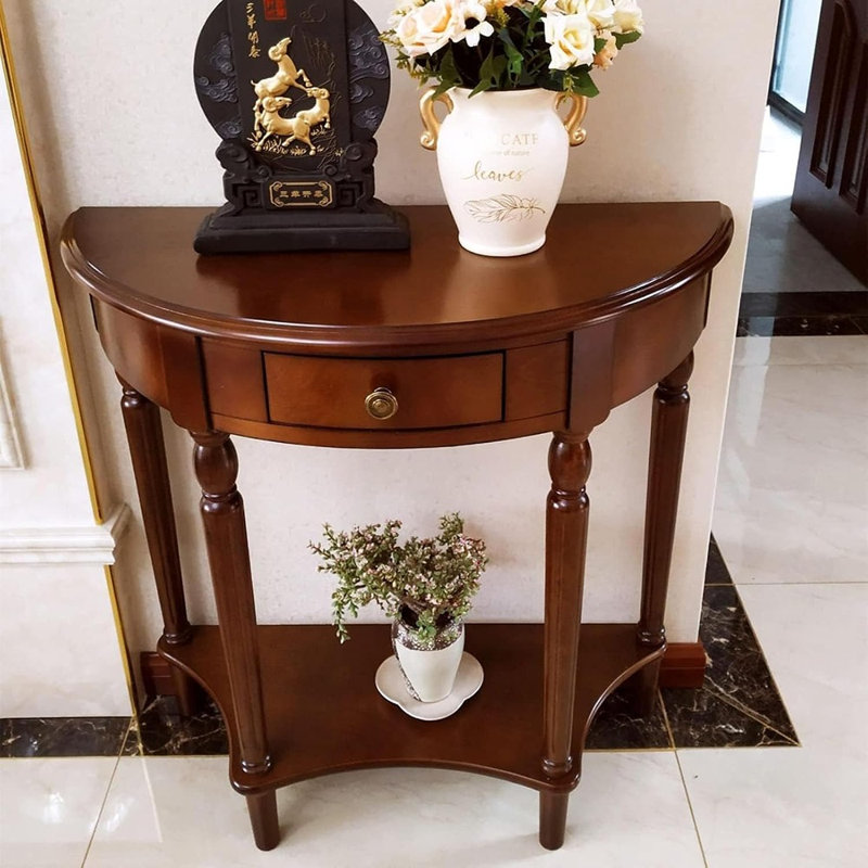 Console demi-lune en bois massif avec tiroir et tablette de rangement, style vintage, noyer