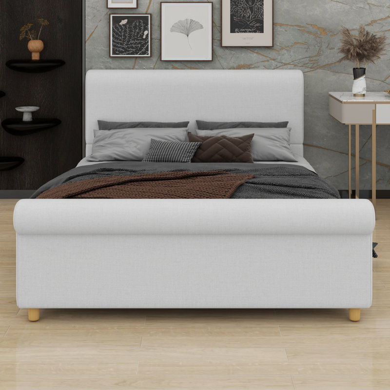 Bed frame with high headboard and rolled footboard with screw-locked slat construction for noise-free nights, Queen
