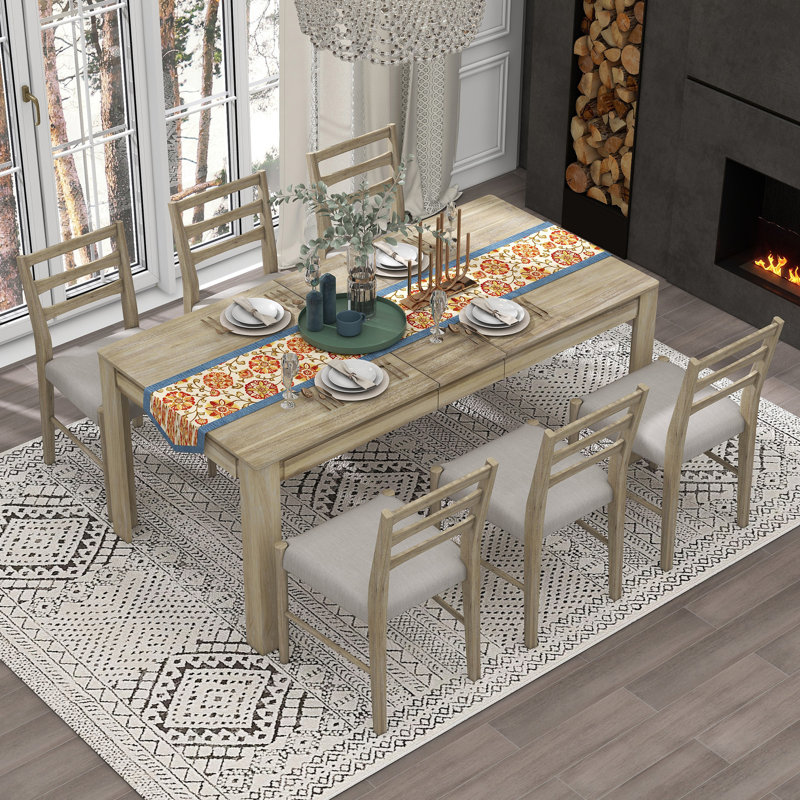 Ensemble de table de salle à manger 7 pièces 7 pièces avec rallonge 12 po et 2 tiroirs, Light Grey/Beige, Natural Wood Wash