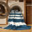 Washable Slate Blue White Striped Area Rug-744884553