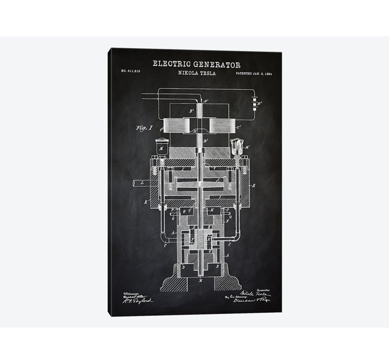 Générateur électrique Tesla, noir, impression sur toile, H 18 po x l 12 po x P 1,5 po, Toile tendue, Pas de tapis