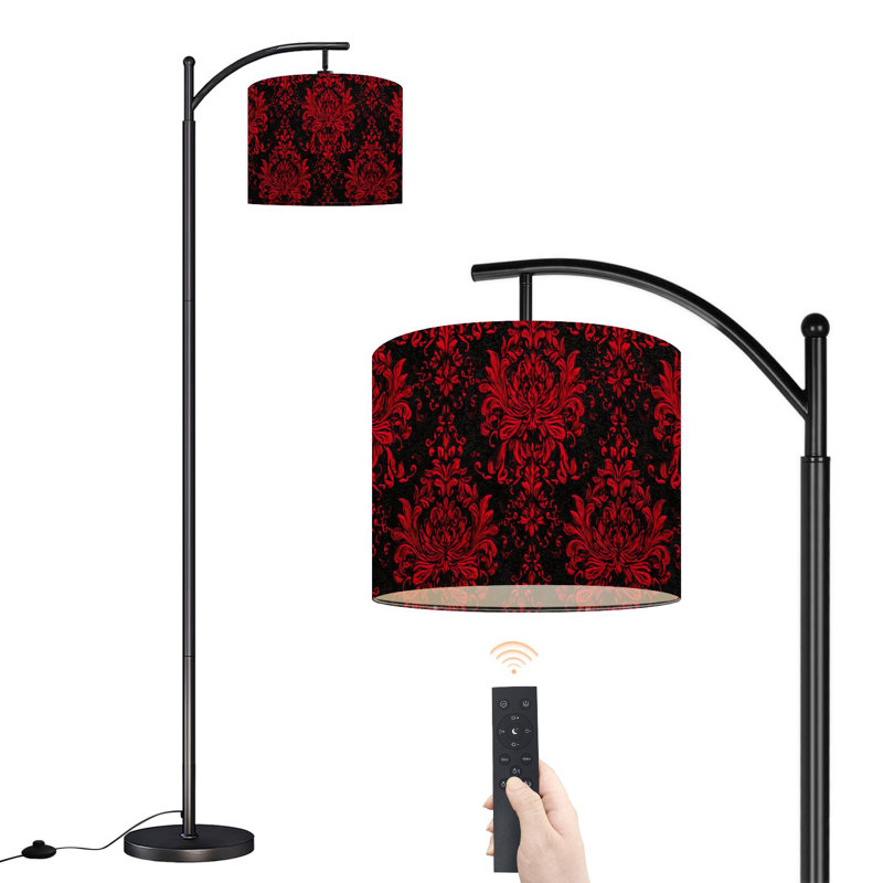Lampe sur pied à arc avec abat-jour réglable rouge et noir à motif floral damassé orné de style baroque Lampe sur pied à 3 températures de couleur à intensité variable avec interrupteur au pied pour la chambre à coucher