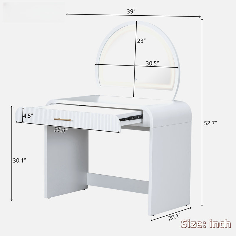 Lederman Makeup Vanity Table with Touch Screen Lighted Mirror, Dressing Table with A Drawer and Curved Edges