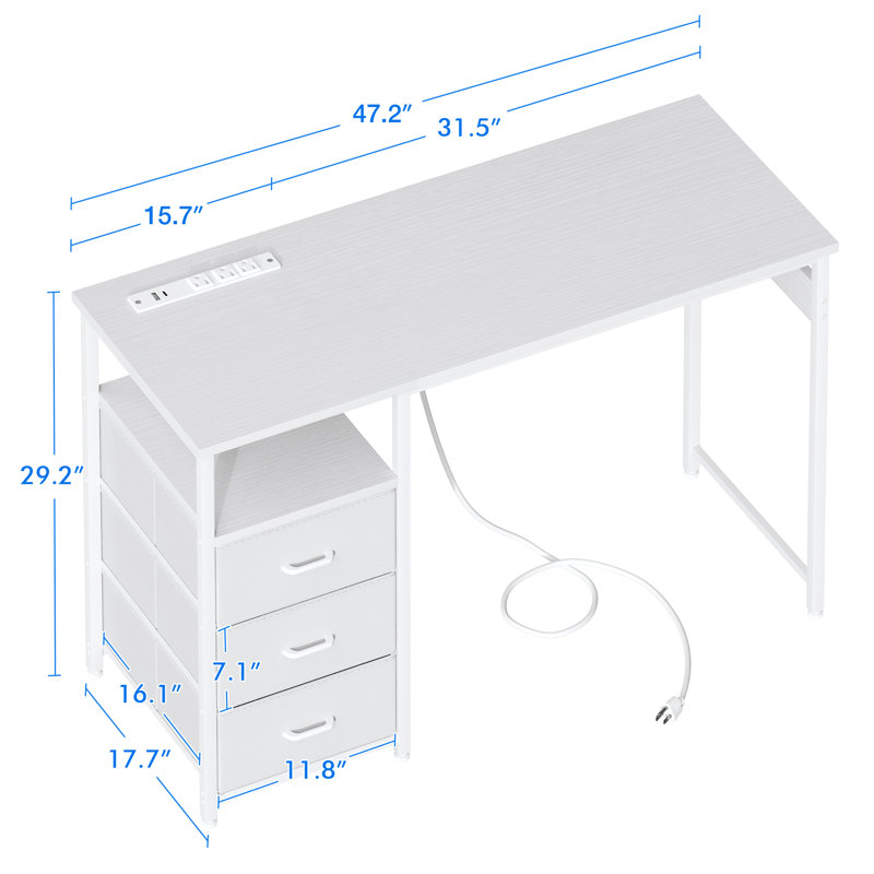 Kiere Reversible Writing Desk with 3-Tier Fabric Drawers,Home Office Desk with Built-in Power Outlets & Hook, White