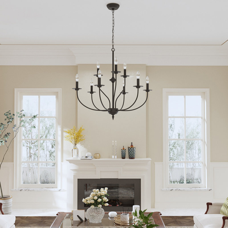 Maroneia 9-Light Dimmable Metal Two-Tier Candle Style Chandelier with Adjustable, Matte Black
