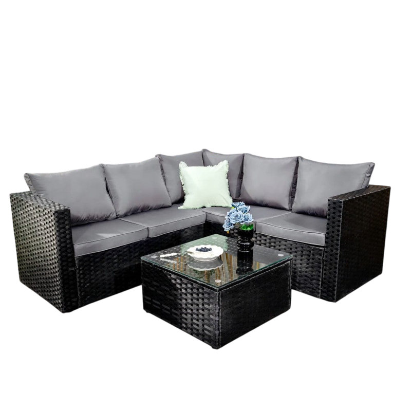 Deeanna 182 cm W L-Shaped Powder Coated Steel Patio Corner Sofa with Cushions, Black