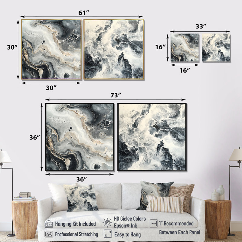 2 pièces de marbre moderne, encre monochrome I - art mural de décoration murale en marbre - art mural moderne pour le salon