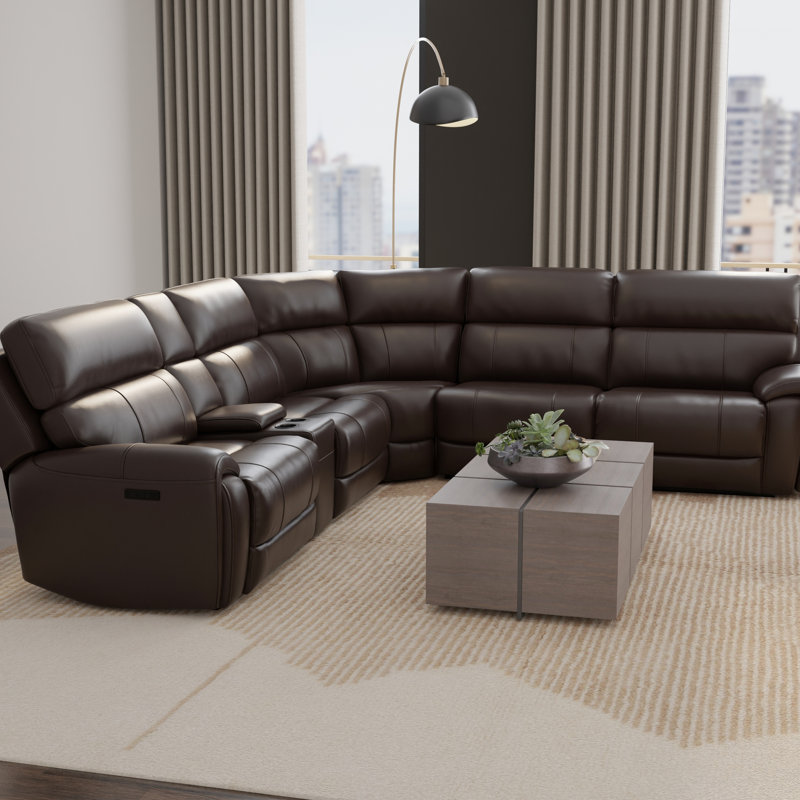6 modulaires électriques en cuir en forme de L, appuis-tête, repose-pieds, etc., rangement caché, idéal pour un salon modulaire tabac, avec console multifonctionnelle, espace principal