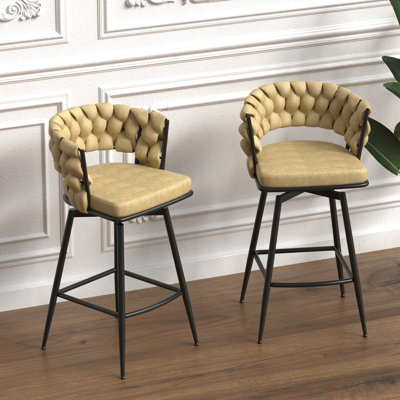 De 2 tabourets de bar tissés bruns. Revêtement en cuir technique, pivotant à 360 °, structure pour îlot de cuisine, tabourets de restaurant en cuir de 28 po. Degrés, tabourets de bar rembourrés, restaurants, îlots