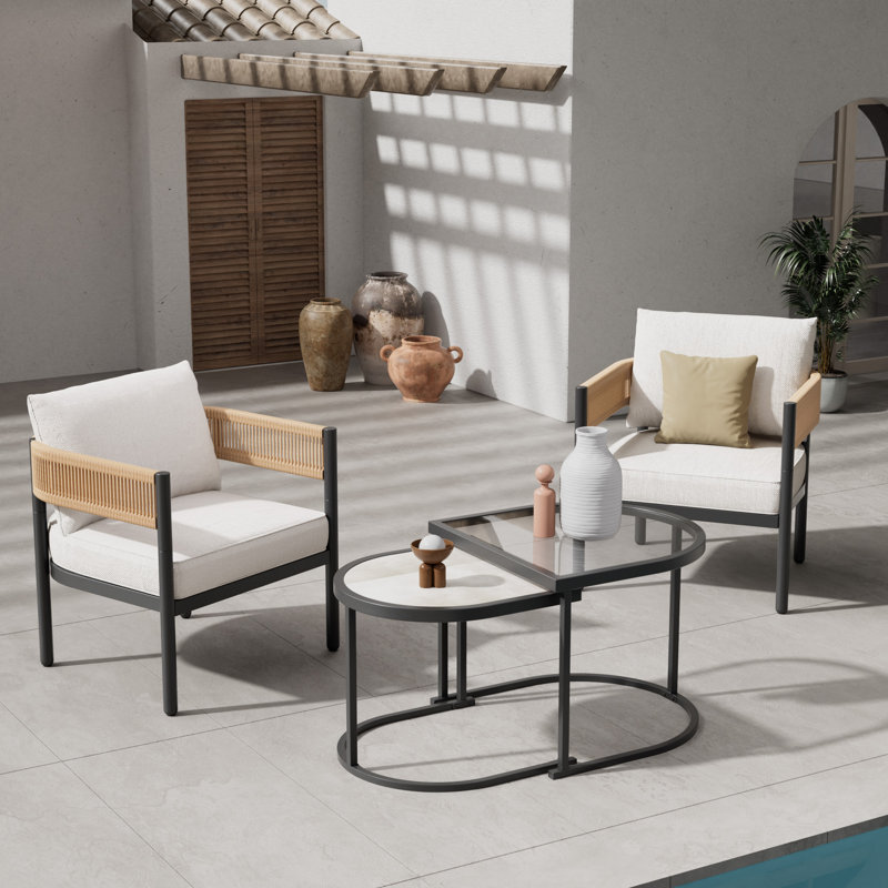 Maine Defino 4 Piece Steel Wicker Seating Group With Cushions, White Cushion/Natural Arm