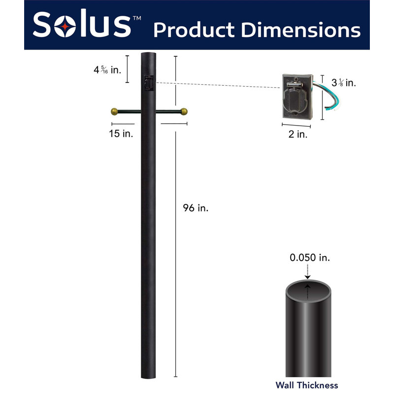 Solus 7, 8, or 10 ft. Direct Burial Lamp Post with Decorative Cross Arm and Convenience Outlet, Black, 96" H x 3" W x 3" D