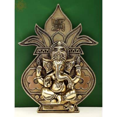10" Brass Ganesha on Kumbh Kalash Design Wall Hanging – Handcrafted Hindu Decor for Festival, Entrance & Gift