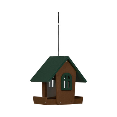  Polywood House-Shaped Hanging Bird Feeder – Decorative Outdoor Wild Bird Seed Feeder with Covered Roof, Perching Tray & Hanging Cable – Brown & Green