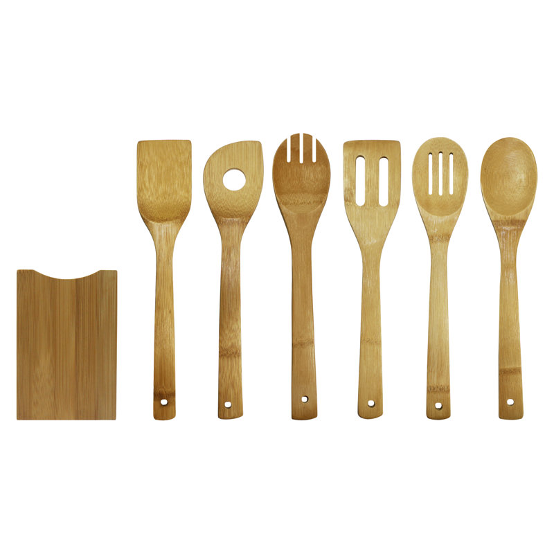 Natural Bamboo 7-Piece Cooking Utensil Set with Holder