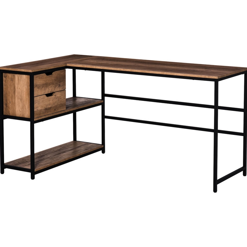 Bureau en L avec rangement pratique - 2 tiroirs, brun, structure en acier noir pour une utilisation quotidienne, tablettes spacieuses, noir / brun
