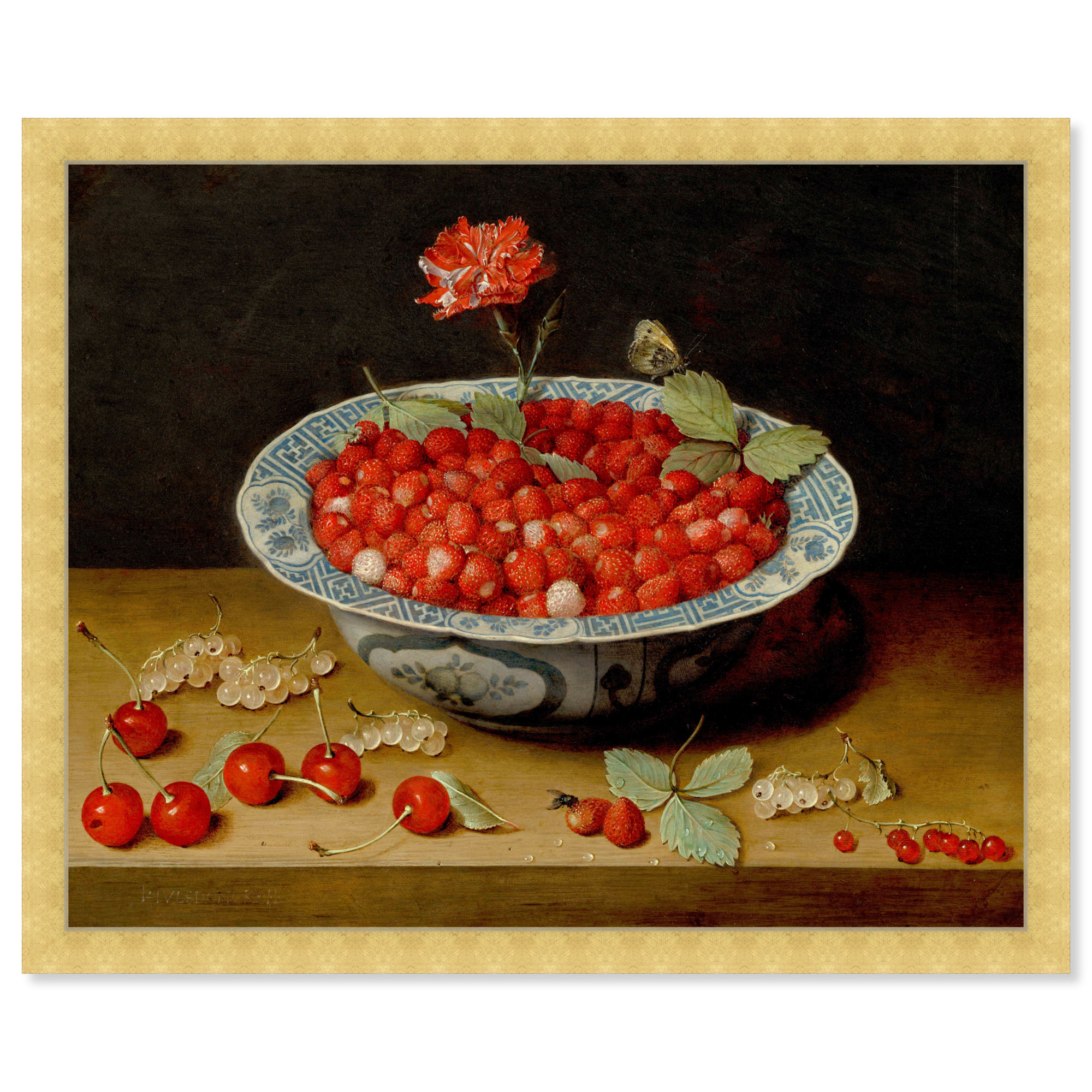 Van Hulsdonck - Wild Strawberries And A Carnation by Van Hulsdonck, 22" H x 27" W x 0.5" D, Gold
