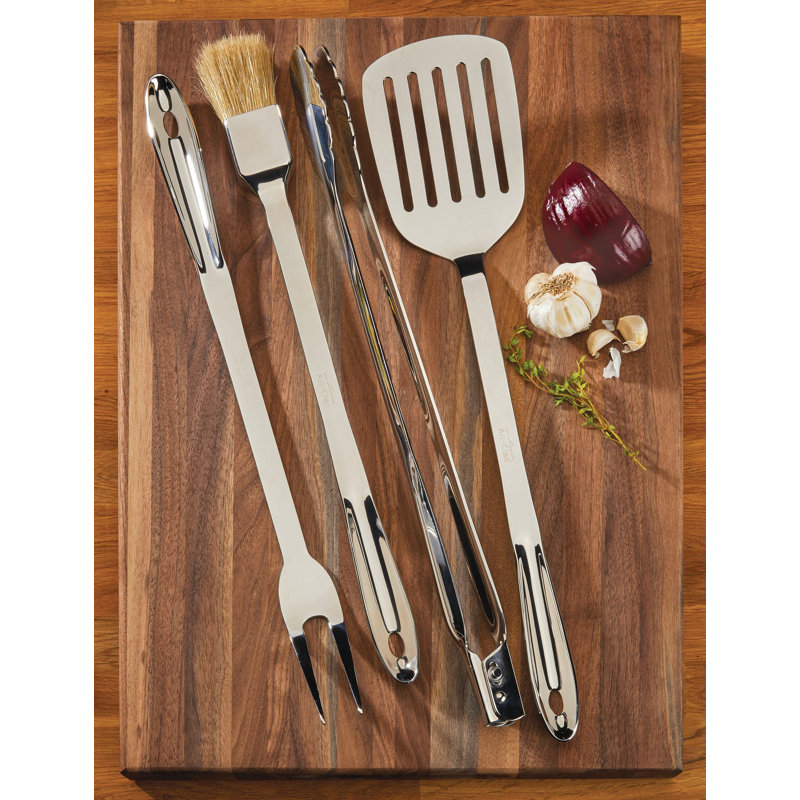 Silver Stainless Steel 4-Piece Barbecue Tool Set with Case