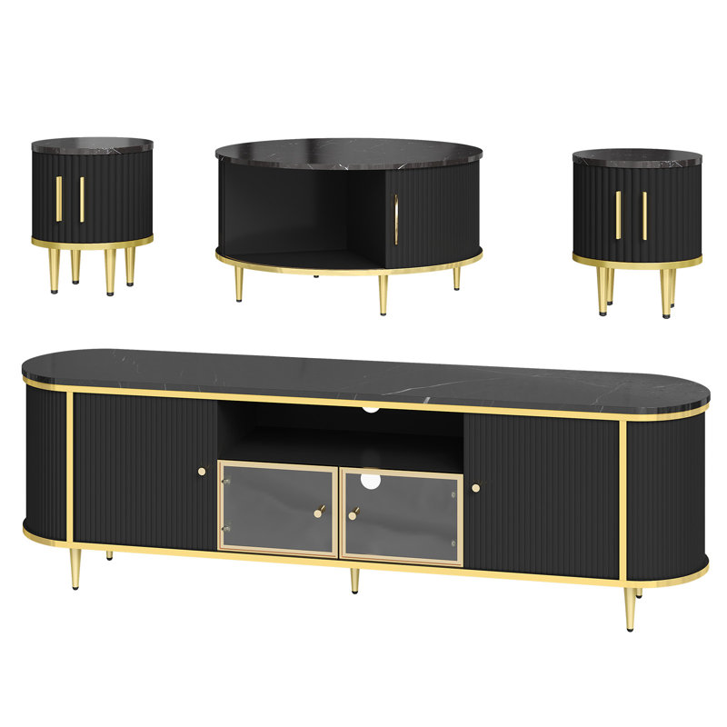 TV Stand And Coffee Table Set With Hidden Storage: Flip-Top Lid & Sliding Doors, Black/Gold
