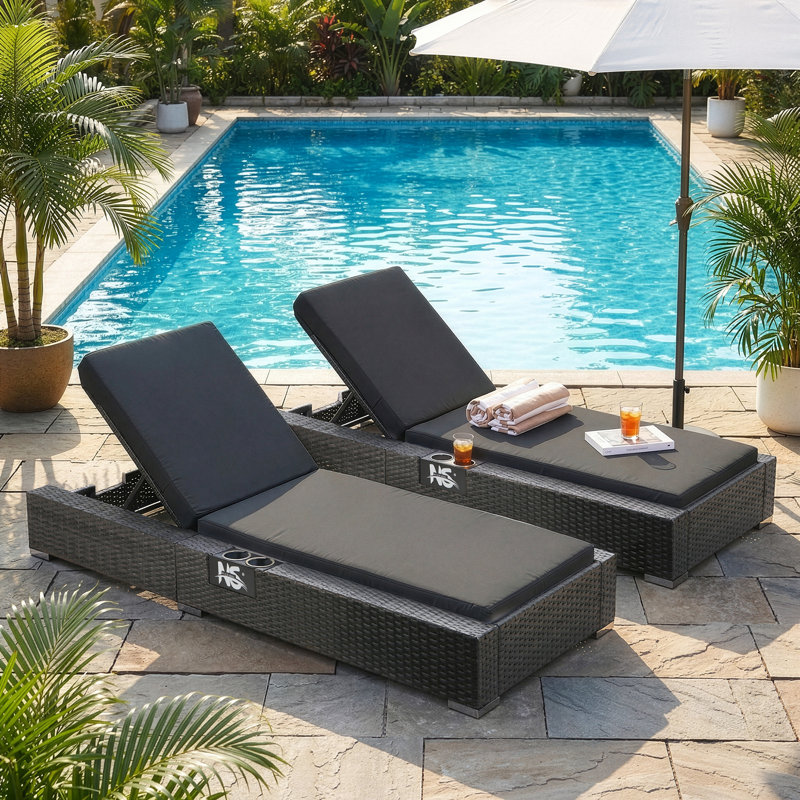 Modern PE Wicker Chaise Lounge Chair with Cushions, Adjustable Reclining Backrest for Patio, Poolside, & Garden, Dark Gray