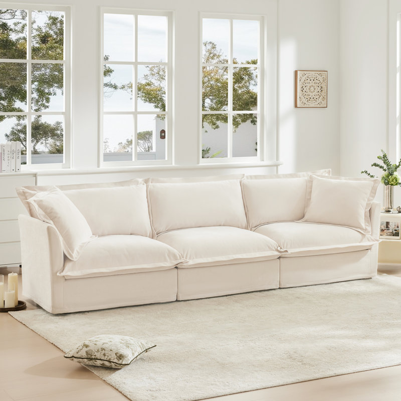 Canapé à housse avec housse, canapé moderne à 3 places avec accoudoirs polyvalents, canapé en polaire chenille avec coussins moelleux et multiples, canapé confortable pour le salon, appartement, tissu chenille, crème