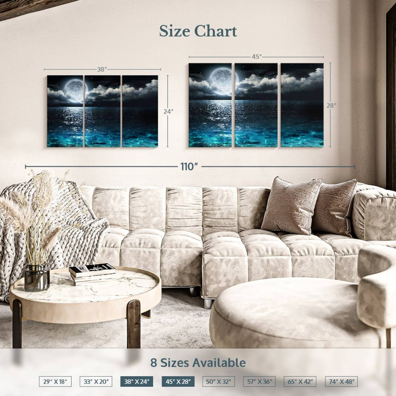 Ensemble de 3 pièces romantique pleine lune sur toile, H 24 po x l 38 po x P 1,25 po
