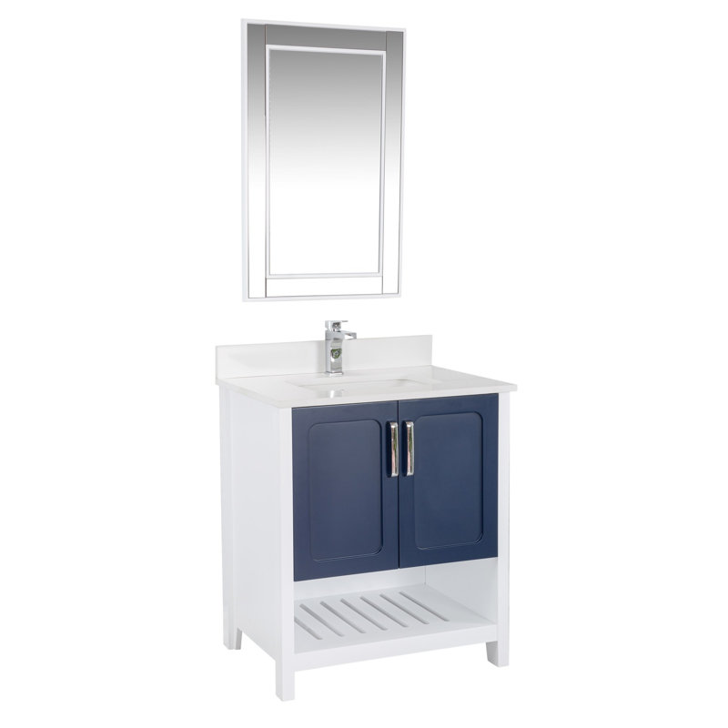 Ensemble de meuble-lavabo simple 29,5 po avec miroir Cnut, Bleu foncé / Blanc