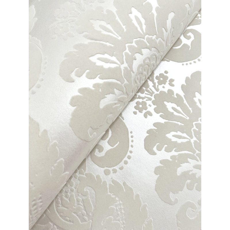 Shadow Black Flocked Damask Wallpaper, White