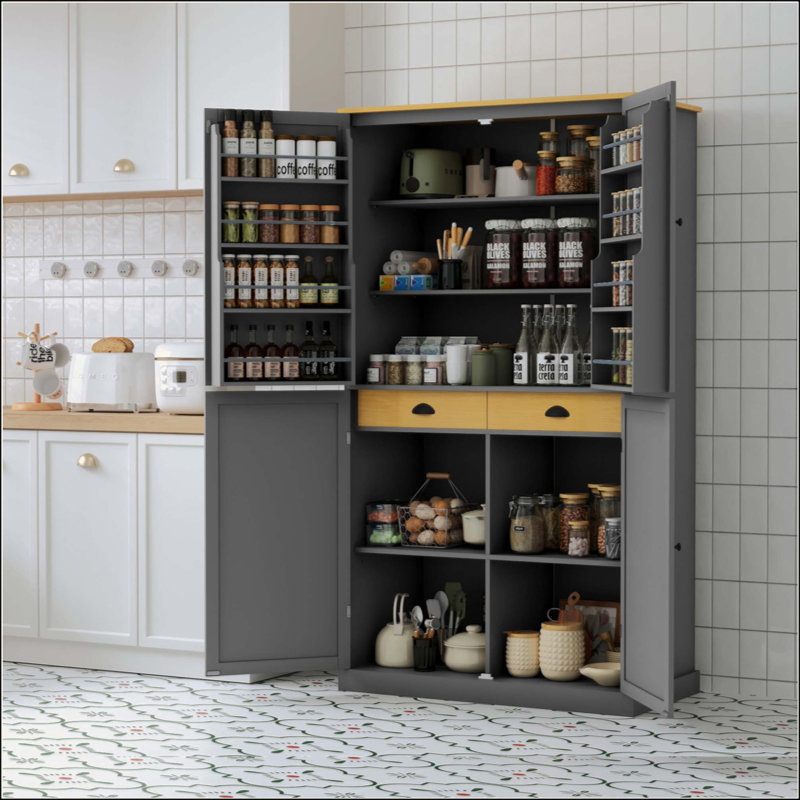 Grande armoire de rangement autoportante avec 2 tiroirs, 2 tablettes réglables, 8 tablettes de porte pour la cuisine, la salle à manger
