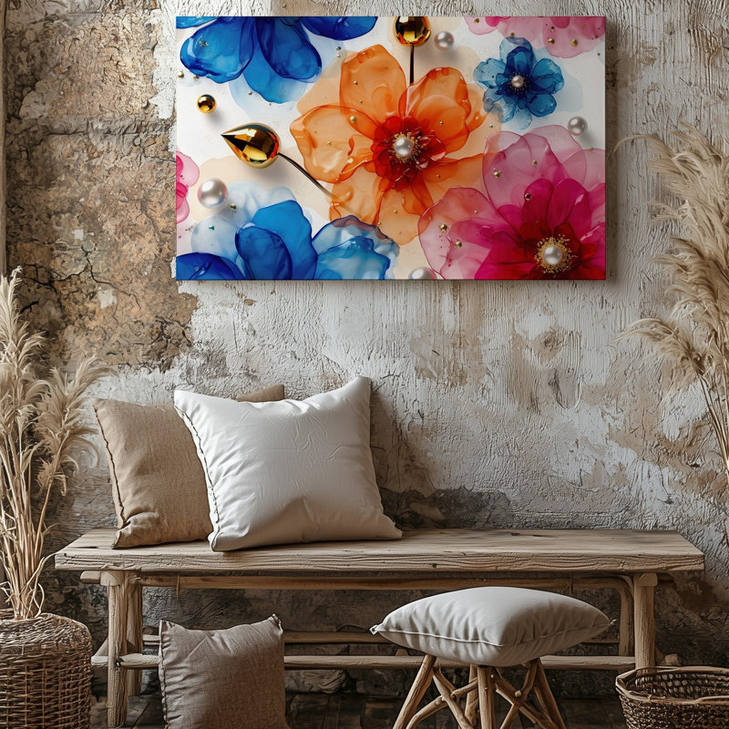Toile dans une composition abstraite vibrante, fleurs translucides fluides, art mural bleu foncé, orange riche, rose tendre et rouge audacieux