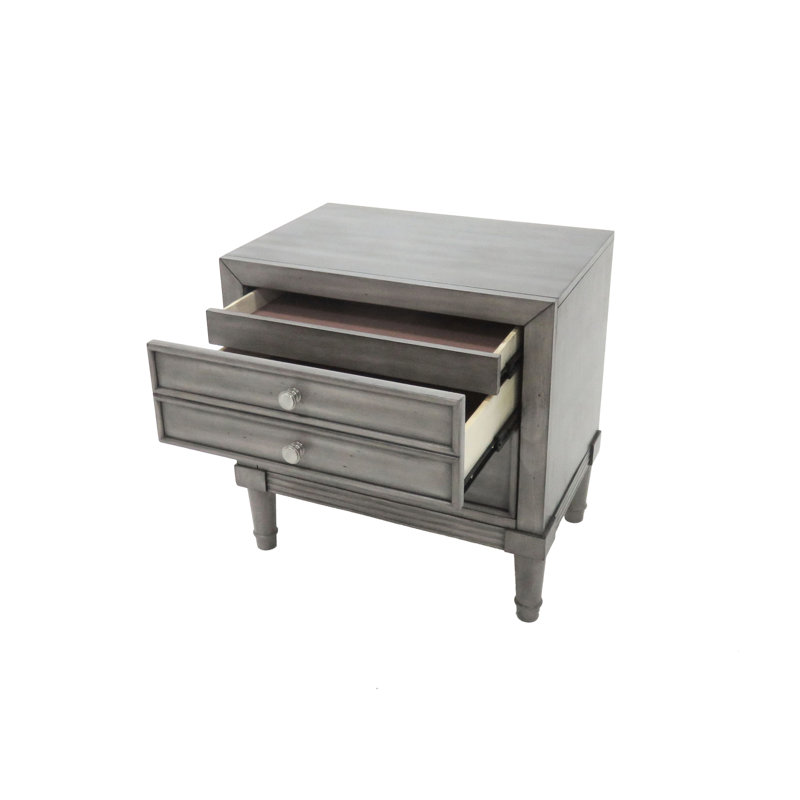 Table de chevet de style transitionnel gris moderne, bois massif, 2 tiroirs, plateau doublé de feutre, l 23,5 po x P 16 po H 24 po, 1 pièce pour table de chevet au fini contemporain, poignées rondes en nickel,