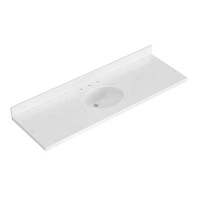 ARIEL 66 INCH CARRARA WHITE QUARTZ BATHROOM VANITY COUNTERTOP 1.5 INCH THICK MITER EDGE WITH OVAL DOUBLE SINK AND INCLUDES BACKSPLASH