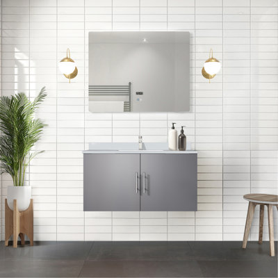 Meuble-lavabo gris foncé de 91 cm (36 po) avec comptoir en marbre, robinetterie incluse, miroir DEL, surface résistante aux égratignures et aux taches. Dimensions : 91 cm (36 po) L x 56 cm (22 po) P. Robinetterie en résine.