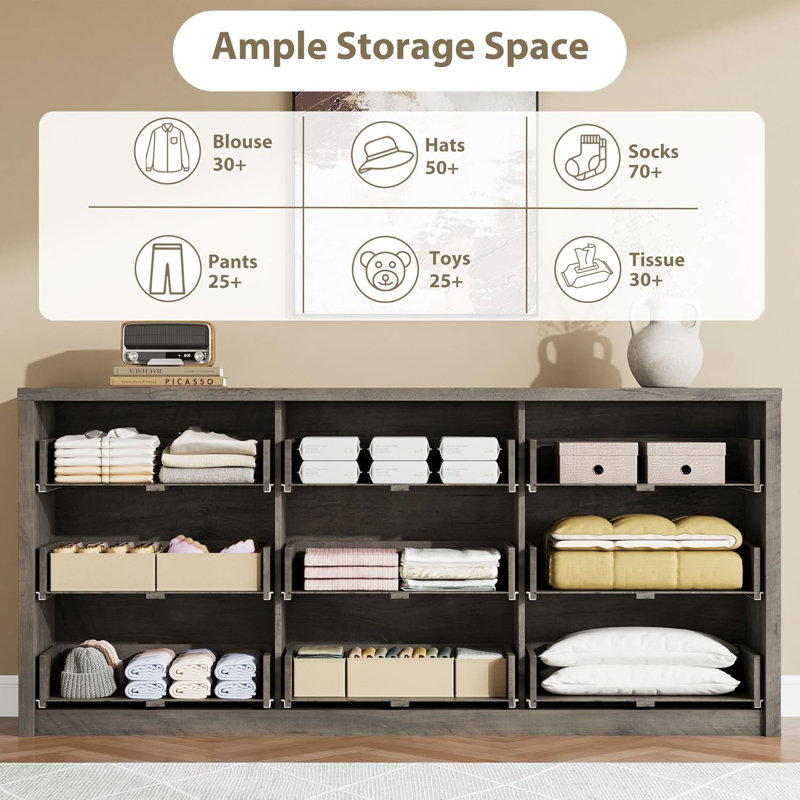 9-Drawer Wide Dresser, Modern Wood Chest of Drawers, Large Storage Organizer for Bedroom, Living Room, or Entryway