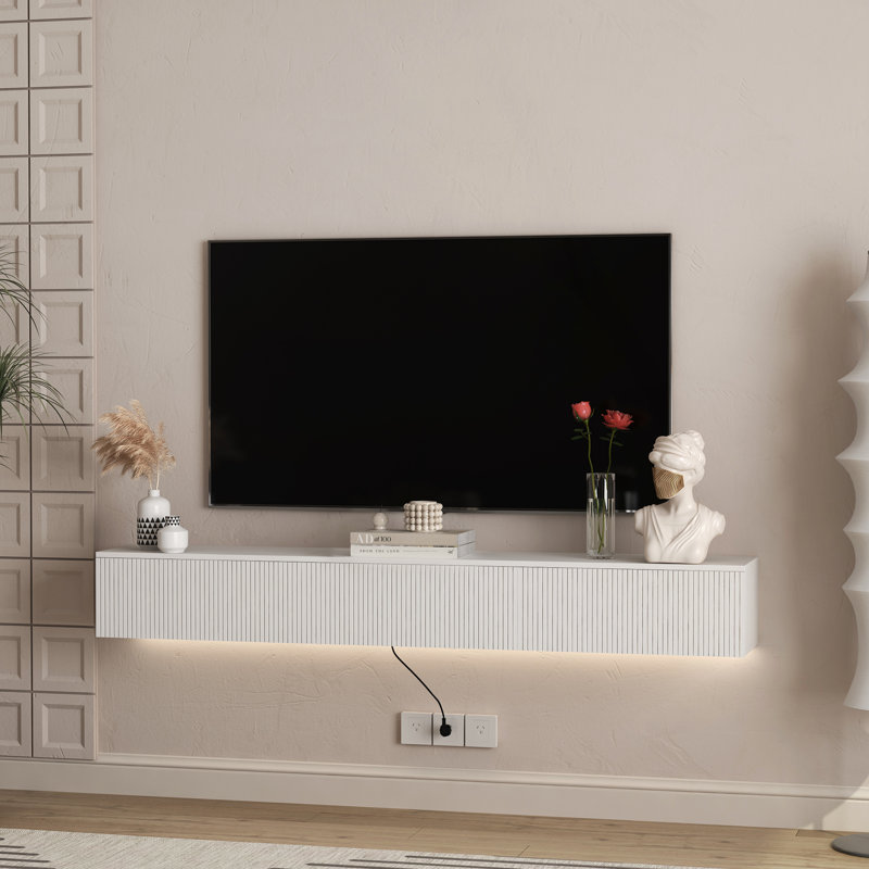 Sleek Wall-Mounted Floating TV Stand With 16-Color LED Lights And Ample Storage, White, 9.17"H x 68.8"L x 11.8"W