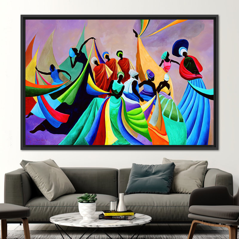 Art africain sur toile - Danseuses colorées abstraites modernes imprimées sur fond noir, H 41 po x l 94 po, Noir
