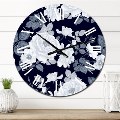 White Roses in Shades Of Grey Ii - Patterned Wall Clock