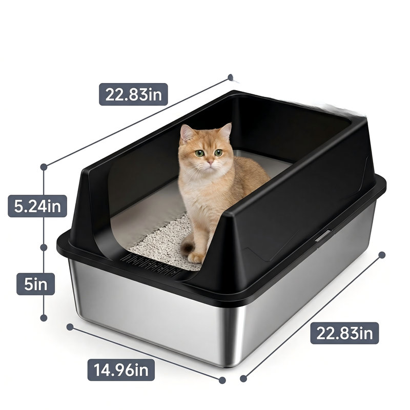 Paquet de 2 bacs à litière en acier inoxydable XL avec couvercle à parois hautes pour multi-chats, très grand grand bac ouvert en métal pour grands chats, anti-fuite, antiadhésif, contrôle des odeurs, 2 cuillères, noir