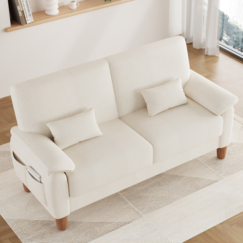 180cm corduroy 2-seater sofa with solid wood frame, spring seat cushion and two throw pillows, Beige