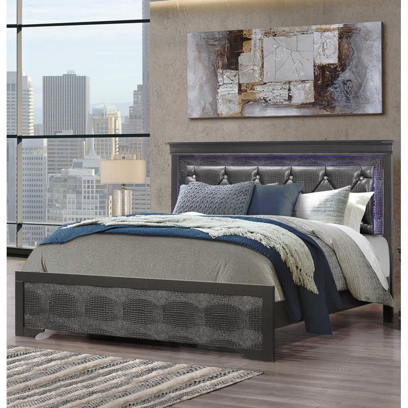KING BED WITH LED Glamorous Crystal-Inspired Tufted Bed, Grey, King
