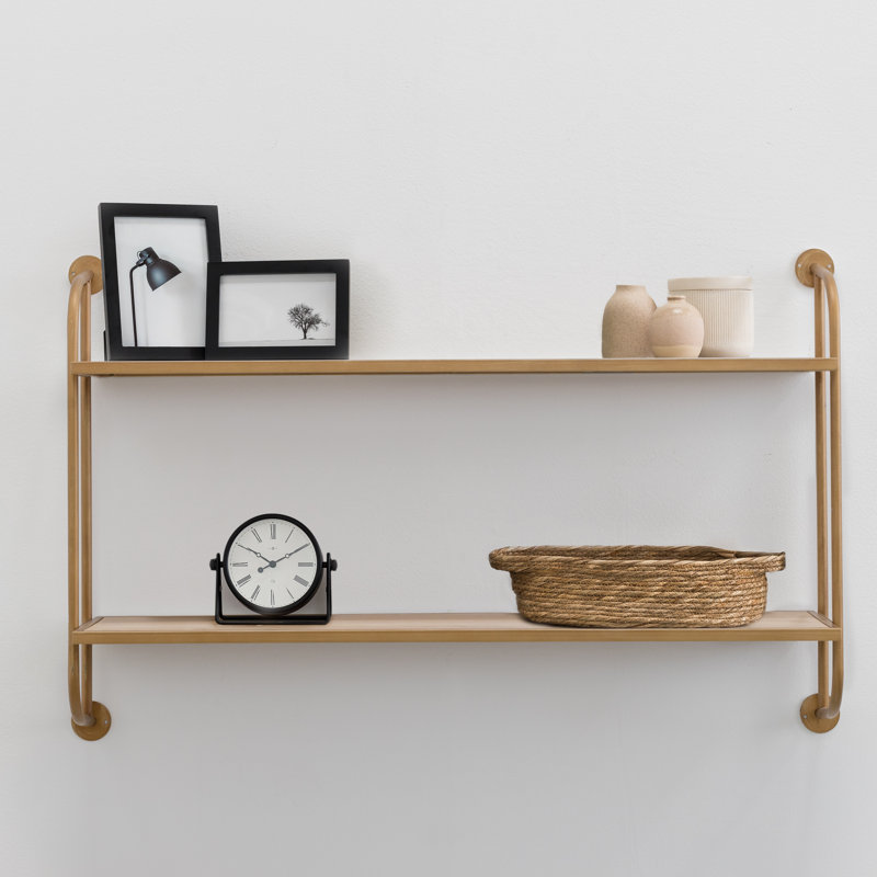Emery Wood & Metal 2 Tier Wall Shelf, Gold, 25" H x 38" W x 8" D